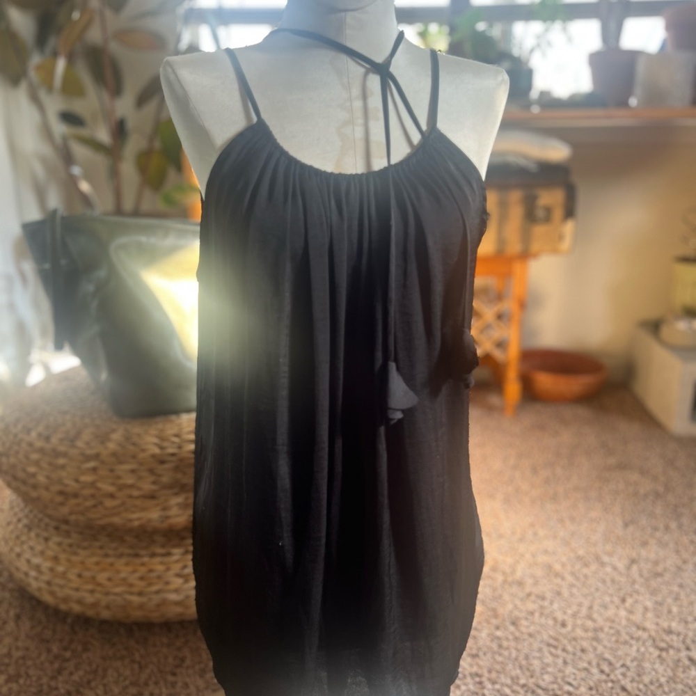 Silky Black Halter Top draped goddess long tie back
